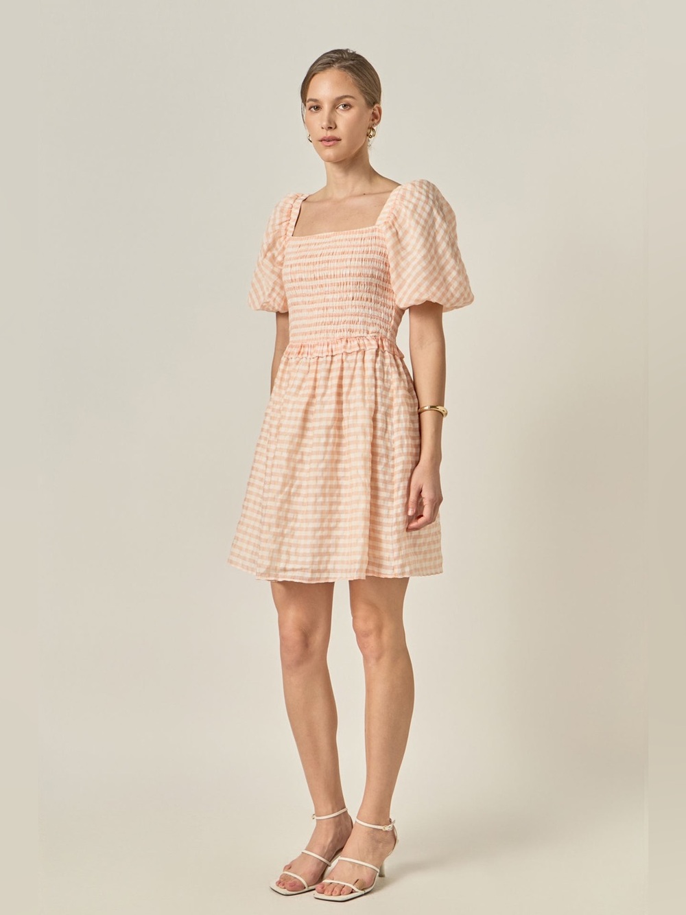 English Factory Plaid Smocked Puff Sleeve Mini Dress Coral Small - Picture 3 of 8